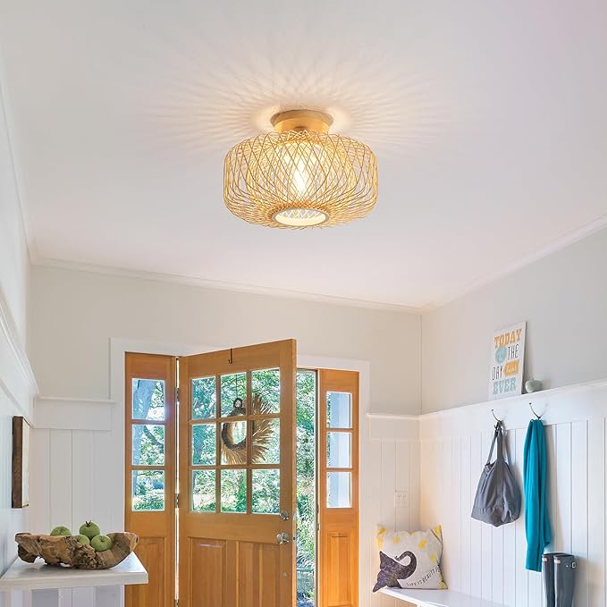 13" Boho Rattan Ceiling Light Fixture - Hand-Woven Natural Bamboo & Wood, Flush Mount Farmhouse Lighting for Bedroom, Living Room, Hallway, Kitchen, Entryway (Gold Finish, E26 Base)