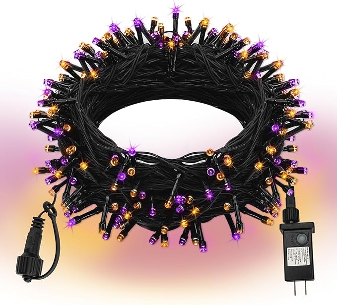 Extra Long 132ft Halloween Decorative Mini Lights, 400 LED Black Wire Fairy String Lights Plug in, Timer & Memory & 8 Modes, for Indoor Outdoor Xmas Tree Wedding Party Decoration,Purple and Orange