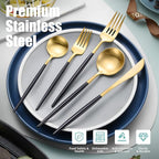 Lemeya Matte Black Gold Silverware Set for 4,Modern Stainless Steel Brushed Cutlery Set,20-Pieces Heavy Duty Flatware Set,Knives Spoons and Forks Set Utensils Set, Satin Finish, Dishwasher Safe