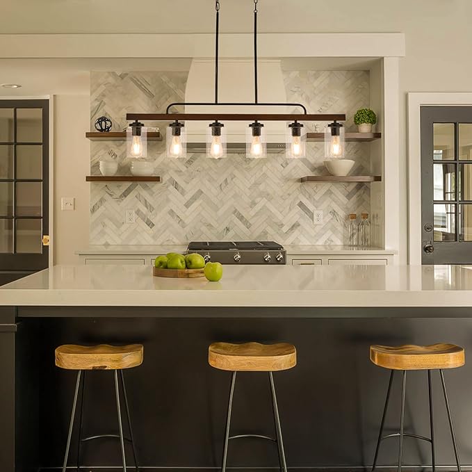 Farmhouse Chandelier 6-Light Dining Room Light Fixture Over Table Kitchen Island Lighting Rustic Chandeliers for Dining Light with Seeded Glass Shade Wood Pendant Lights Kitchen Island