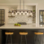 Farmhouse Chandelier 6-Light Dining Room Light Fixture Over Table Kitchen Island Lighting Rustic Chandeliers for Dining Light with Seeded Glass Shade Wood Pendant Lights Kitchen Island