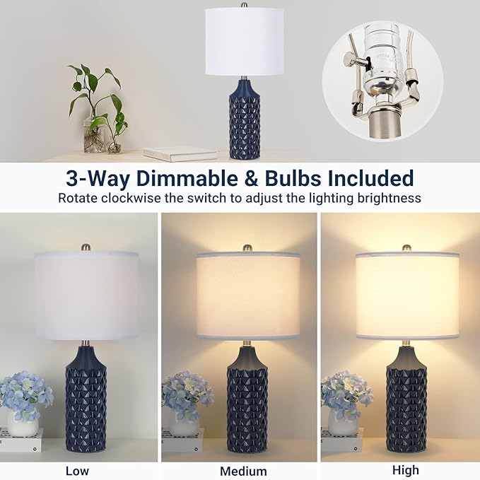 Modern Ceramic Table Lamp, Set of 2 - Navy Blue with Diamond Protrusions Texture, 25'' Nightstand Lamp for Bedroom Living Room, 3-Way Dimmable Included