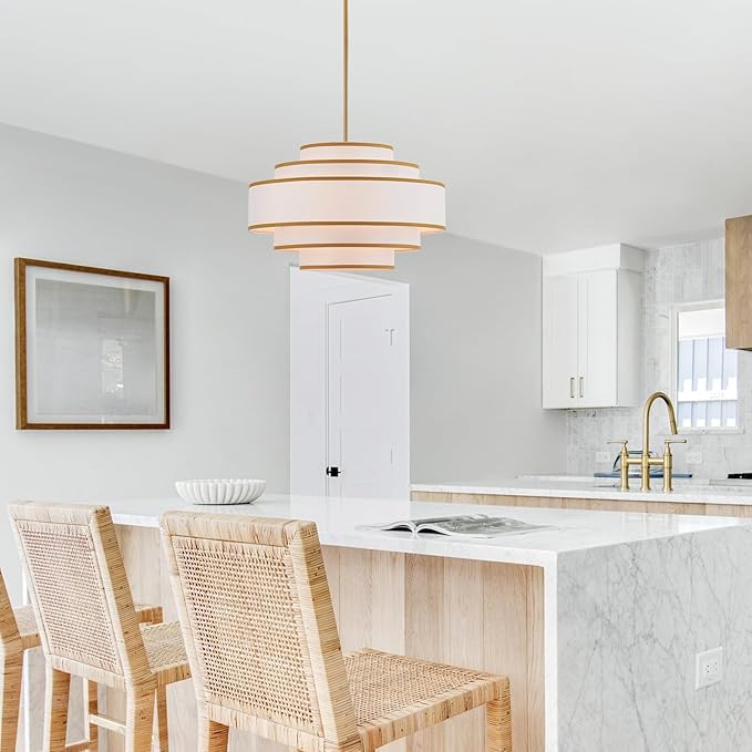 19.7" Gold Drum Chandelier with White Linen Lampshade 4-Light Modern Farmhouse Chandelier Light Fixture for Living Room, Dining Room, Kitchen Island, Foyer, Entryway, Bedroom