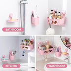 LEVERLOC Shower Caddy Suction Cup Set Shower Organizer & Soap Holder & Toothbrush Holder, Bathroom Shelf Basket NO-Drilling, Removable Suction Storage Waterproof Bathroom Caddy, Pink