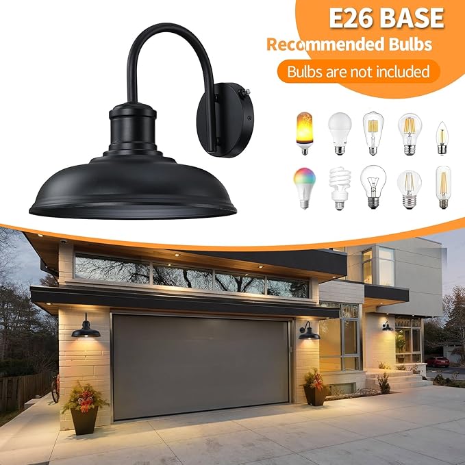 12'' Diameter Large Dusk to Dawn Outdoor Gooseneck Barn Light, 2-Pack Outdoor Wall Sconce Farmhouse Exterior Light Wall Lighting Fixture Industrial Black Wall Lantern for Porch, Garage, Black