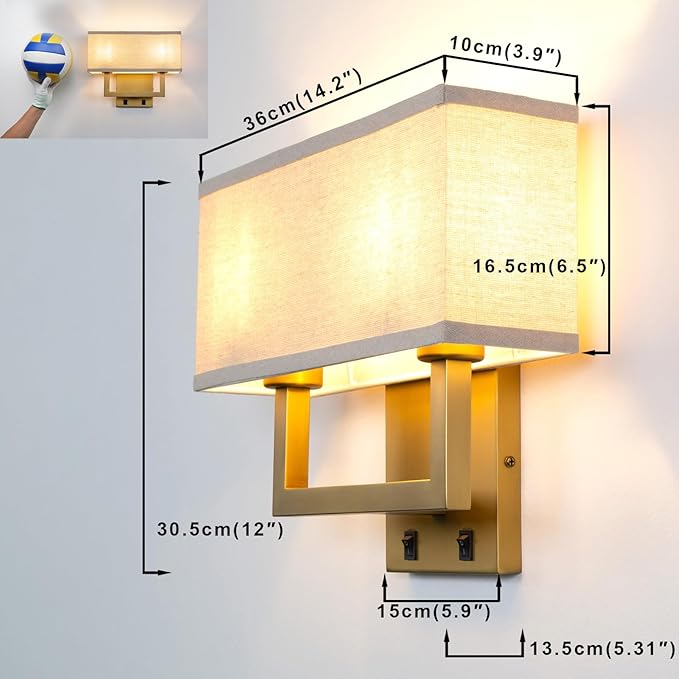 Yosoan Linen Fabric Boho Wall Sconce Bedside Light with On Off Switch, 2-Light Brass Finished Hardwired Vintage Industrial Dual Wall Mount Lamp Square Shade for Bedroom Living Room Stairwell(Antique)
