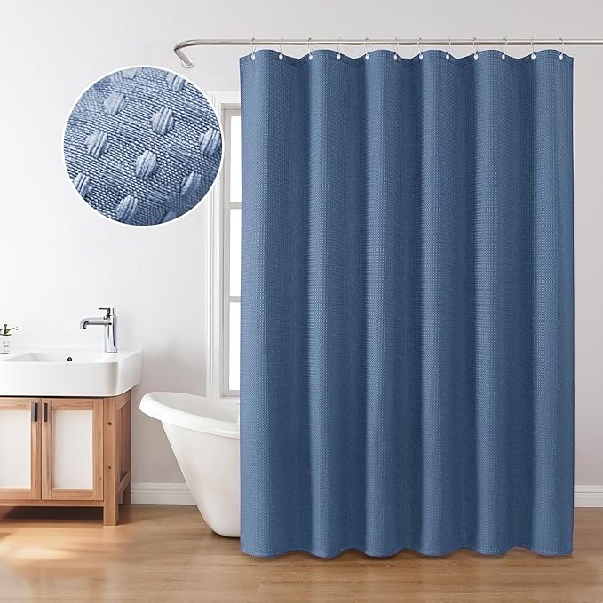 Inhousolu Fabric Shower Curtain Waffle Weave, Moonlight Blue 230 GSM Heavy Duty, Weighted Hem, 14 Metal Hooks, Water Repellent, Machine Washable, Hotel Spa Luxury Bath Curtain Set, 72 x 72 Inch