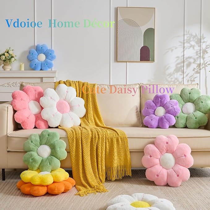 Flower Throw Pillow, Cute Daisy Cherry Blossom Flower Shaped Pink Throw Pillow 15.7In White Floor Cushion for Home Bedroom Sofa Chair Couch Decor