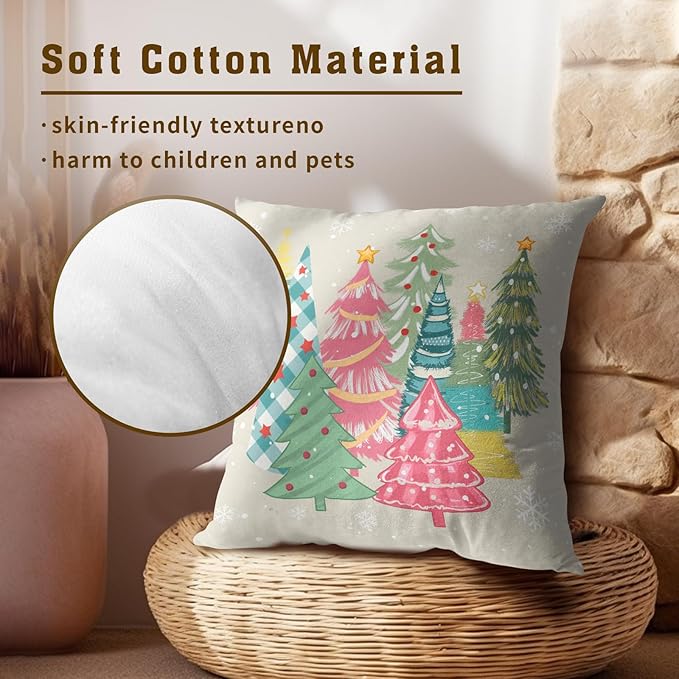 Xmas Trees Throw Pillow Covers Set of 2, 16x16 Inch – Colorful Pink Green Winter Holiday Cotton Hidden Zipper Pillowcases for Couch Sofa Bed Porch Farmhouse Seasonal Home Decor
