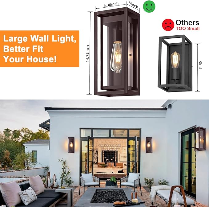 15" Large Oil Rubbed Bronze Outdoor Light Fixture, 2 Pack ORB Outdoor Sconces, Modern Waterproof Wall Lights with Clear Glass Shade for Front Door, Porch, Garage