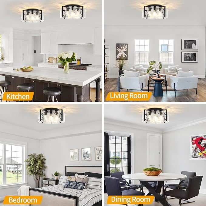 18.5'' Modern Black Semi Flush Mount Ceiling Light, Entryway Light Fixture, 4-Light Glass Ceiling Lights for Hallway Foyer Kitchen Island Dining Room Bedroom Living Room Lighting Fixtures, UL-Listed
