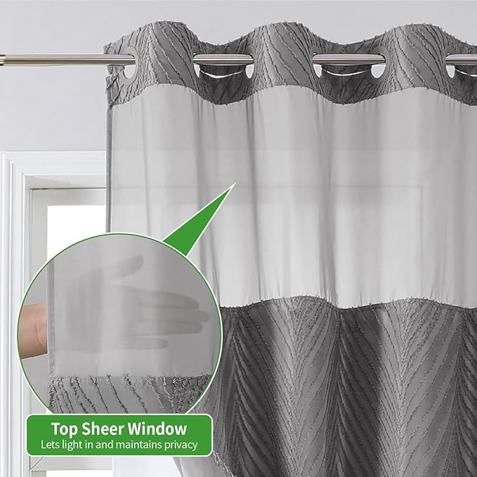 stall no Hook Tufted Shower Curtain with snap in Liner Set, White Waterproof Fabric Inner Liner,Boho Style Shower Curtain with See Through top Window, WarmGrey, 36Wx74H