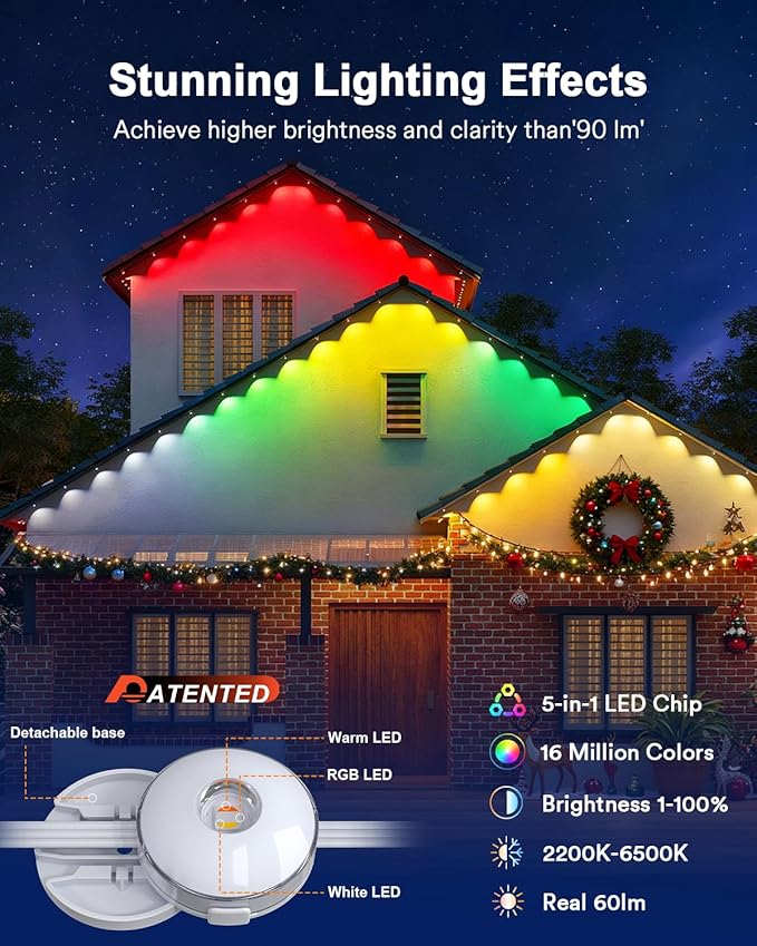 Lumary Permanent Outdoor Lights Max 53ft with 40 LED Eave Lights RGBAICW 2400LM, IP67 Waterproof, IC Control and Scene Modes for Halloween Christmas Decoration, Works with Alexa and Google Assistant