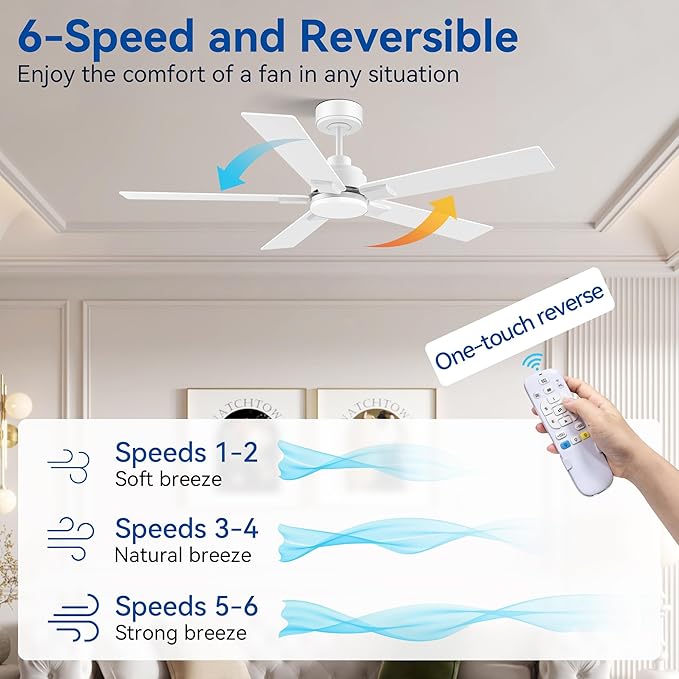 52Inch Smart Ceiling Fan with Lights Remote,APP&Alexa WIFI Controled,Quiet Reversible DC Motor,Dimmable LED,Indoor Outdoor Modern Ceiling Fan,for Living Room Bedroom Patio Porch,White&Light Wood