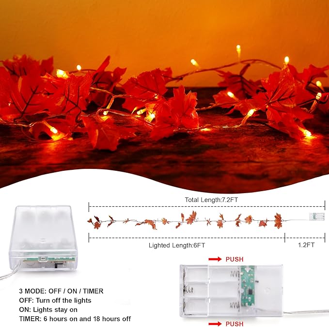VCOKEN Fall Maple Leaf Garland - Outside Fall Decor with Battery Operated - Outdoor Decor Garlands with 24 Warm Lights for Home Holiday Autumn Garland Indoor Table Door