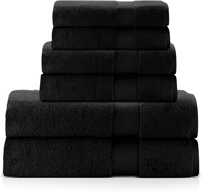 Premium Staple Cotton Bathroom Towel Set - Black 600 GSM 6-Piece Luxury Bath Towel Set 1 Stripe - 2 Bath Towels, 2 Hand Towels & 2 Washclothes Set - High Absorbent & Quick Dry for Gym, Spa, Hotel