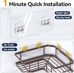 YASONIC Corner Shower Caddy Organizer, 3-Pack Self-Adhesive Rustproof Bath Shelves with Soap Holder & 4 Hooks, Large Capacity Shower Storage Rack for Bathroom Organization - Bronze