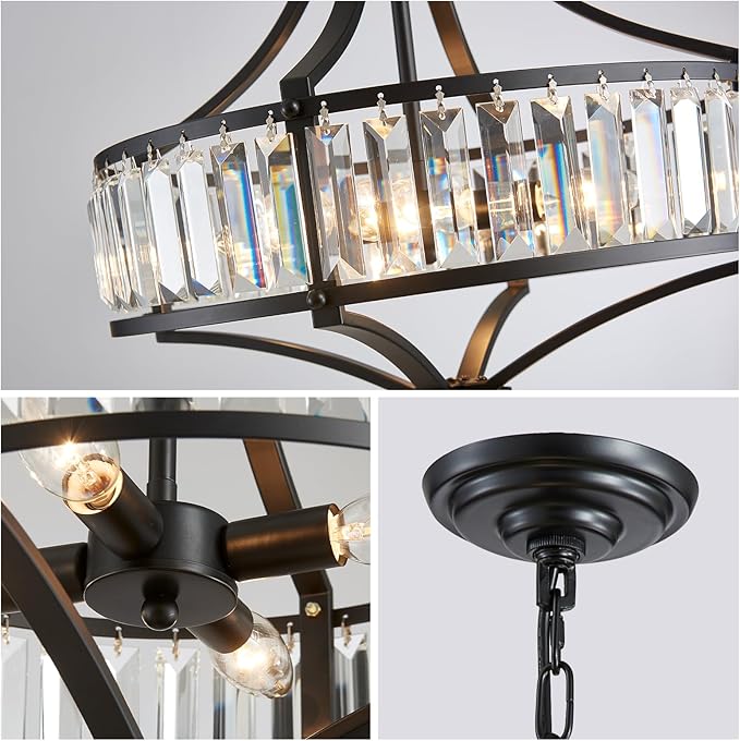 XINGQI Crystal Chandeliers for Dining Room,Modern Black Chandelier,Metal Round Shade Farmhouse 4-Light Rustic Pendant Lighting Fixtures for Hallway Bedroom Foyer