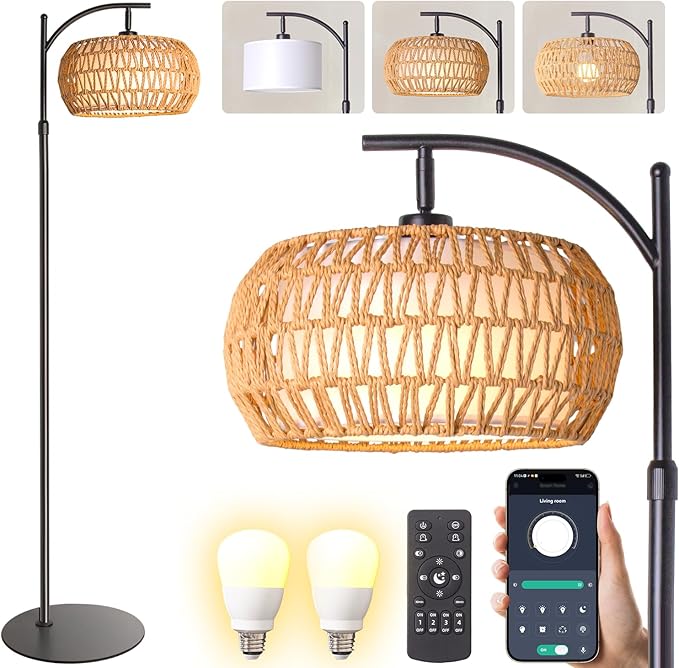Boho Rattan Floor Lamp with Shade - 12W Bright LED Bulb, Adjustable Height 48-60 Inch, Remote Control 3 Color Temperatures,Farmhouse Handwoven Arc Standing Light for Living Room Bedroom