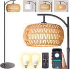 Boho Rattan Floor Lamp with Shade - 12W Bright LED Bulb, Adjustable Height 48-60 Inch, Remote Control 3 Color Temperatures,Farmhouse Handwoven Arc Standing Light for Living Room Bedroom