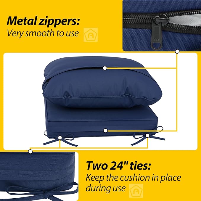 AAAAAcessories Outdoor Deep Seat Cushions, Waterproof, Fade-Resistant Patio Furniture Replacement Cushions, 24" x 24" x 5", Set of 2, Navy Blue