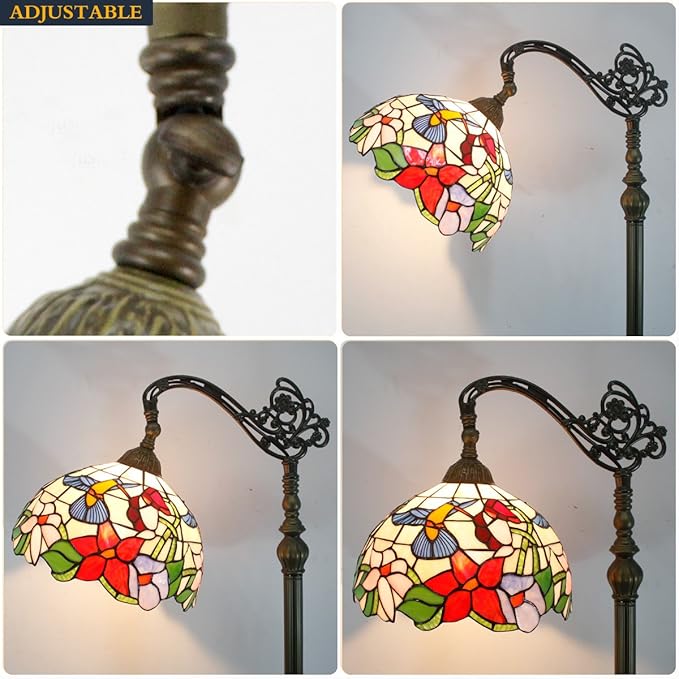 WERFACTORY Tiffany Floor Lamp Hummingbird Amber Stained Glass Arched Lamp 12X18X64 Inches Gooseneck Adjustable Corner Standing Reading Light Decor Bedroom Living Room S101 Series
