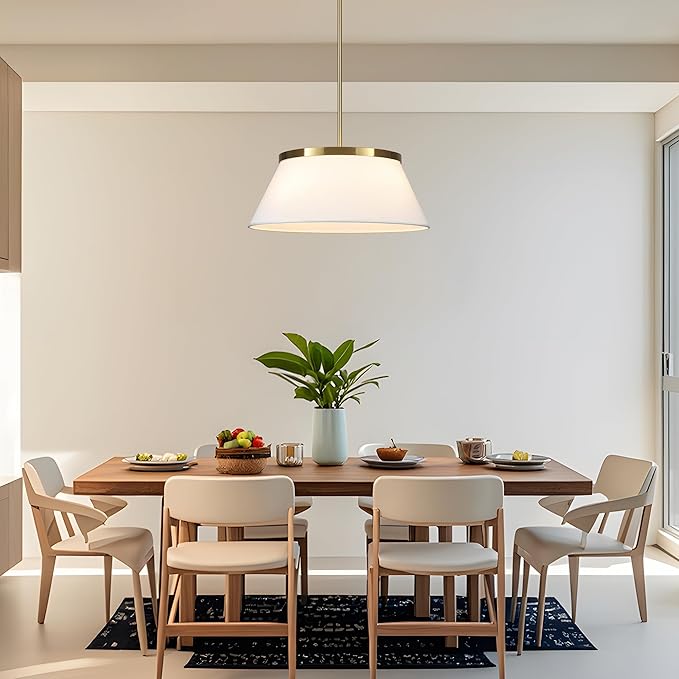 Modern Chandelier with White Fabric Shade Gold and Brass Finished Adjustable 4-Lights Pendant Lighting Fixture for Kitchen Island Dining Room and Restaurant