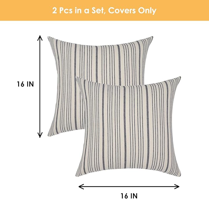 Gray Pillow Covers Farmhouse Linen Throw Pillow Covers Striped Outdoor Decorative Square Throw Pillows for Couch Sofa Bed 16 x16 in Pack of 2 Gray and Cream