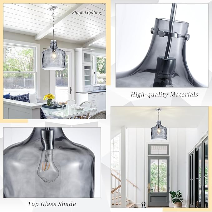 16" Extra Large Farmhouse Pendant Light – Hand-Blown Smoked Gray Hammered Glass Shade, Polished Chrome Finish, Adjustable Chain Hanging Light Fixture for Kitchen Island, Dining Room, Hallway