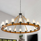 60-inch Rustic Wooden Chandelier with Bubble Glass Shade, 18-Light Modern Farmhouse Wagon Wheel Light for Dining Room Kitchen Island Entryway