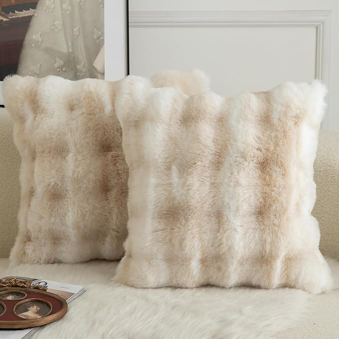 MANDIOO Pack of 2 Thick Plush Wool Decorative Throw Pillow Covers Super Soft Wave Bubble Fur Velvet Cushion Covers Pillow Shams for Couch Bed Living Room 16x16 Inch White Beige
