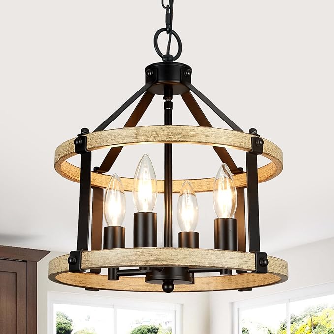 4-Light Farmhouse Chandelier, 12.5 Inch Rustic Black and Vintage Wood Finish Chandeliers for Dining Room Light Fixture, Adjustable Height Hanging Light for Kitchen Island, Entryway, Indoor