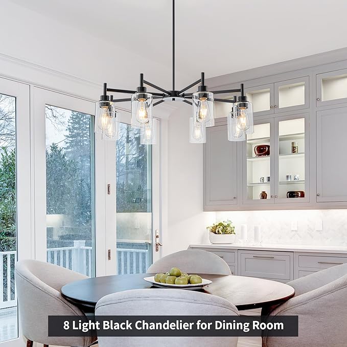 Matte Black Chandeliers for Dining Room, Farmhouse Chandeliers 8 Light Dining Room Light Fixture with Clear Glass Shades Pendant Lighting for Kitchen Island Living Room Staircase