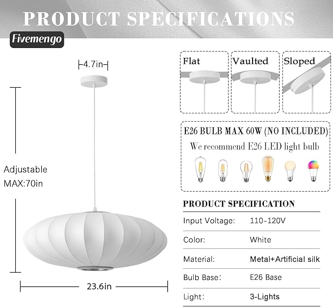 Large 23.6 inch Lantern Pendant Light, White Imitation Silk Lampshade, Bubble Pendant Light, Hanging Lamp Simple Chandelier for Living Dinning Room Kitchen Island Bedroom Restaurant Cafe