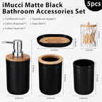 iMucci Bathroom Accessories Set 5Piece Black Bathroom Sets, Toothbrush Holder, Toothbrush Cup, Lotion Soap Dispenser, Soap Dish and Qtip Holder Bathroom Decor