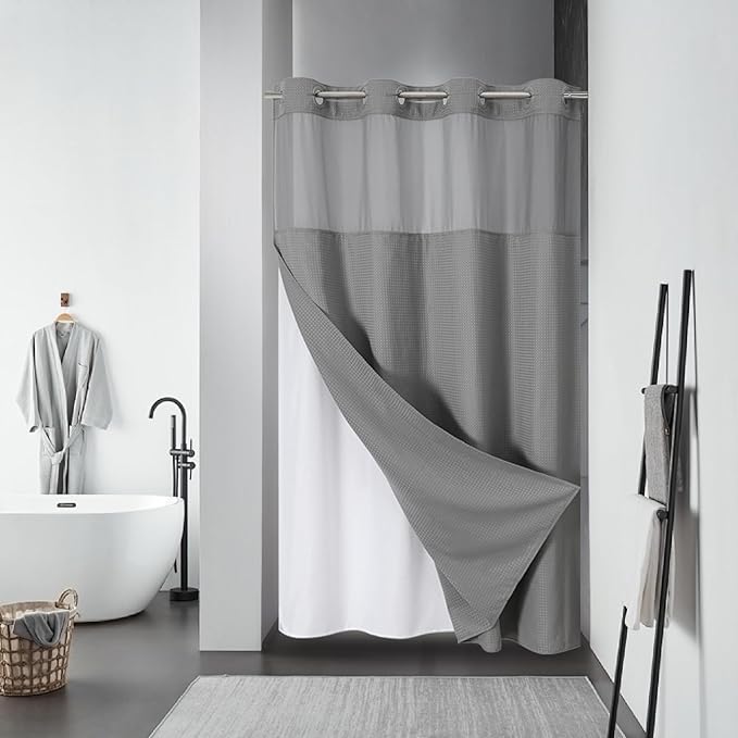 Grey No Hook Waffle Weave Shower Curtain with snap-in Liner Replacement, 230GSM Waterproof Fabric Hotel Shower Curtain Set for Bathroom, Through Mesh Top Window,54Wx80H