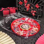 Cabilock Serving Platter Chinese Food Tray Red Wedding Serving Tray Fruit Plate Fruit Snack Storage Holder for Home Kitchen and Wedding Snack Round 13X2. 9inch Chinese Candy Boxes