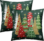 Christmas Trees Throw Pillow Covers 18x18 Inch Set of 2, Xmas Tree Red Green Decorative Pillowcases Soft Square Cushion Case Decoration for Sofa Couch Winter Holiday Decor