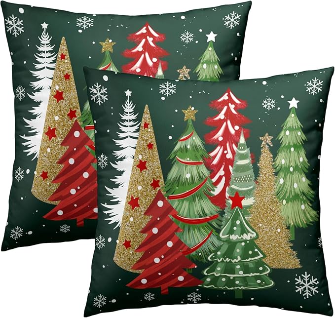 Christmas Trees Throw Pillow Covers 20x20 Inch Set of 2, Xmas Tree Red Green Decorative Pillowcases Soft Square Cushion Case Decoration for Sofa Couch Winter Holiday Decor