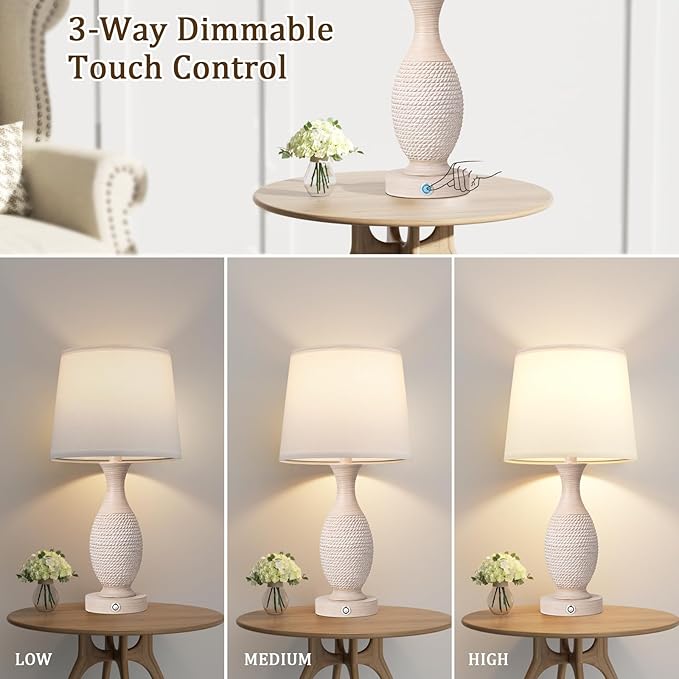 Seealle 22.2" Bedside Lamps Set of 2 with USB C+A - Dimmable Touch Lamps for Night Stands Bedroom Living Room End Table(Bulbs Included)