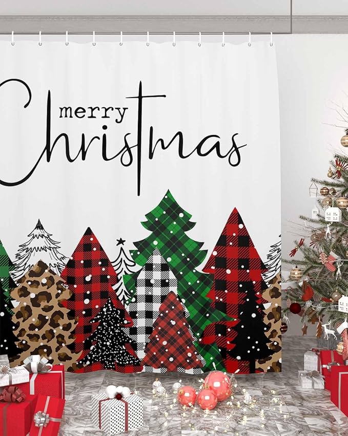 Merry Christmas Shower Curtain, Buffalo Plaid Xmas Tree Winter Forest Farmhouse Shower Curtains Set with Hooks, Red Green Waterproof Fabric Bathroom Curtains Decor Home Accessories,72 X 78 Inch Long