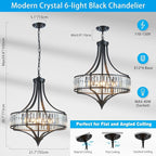 XINGQI Black Crystal Chandeliers for Dining Room, 21.6" Large Rustic Farmhouse Chandelier with Round Metal Shade, 6-Light Dining Room Light Fixture for Kitchen Island Hallway Bedroom