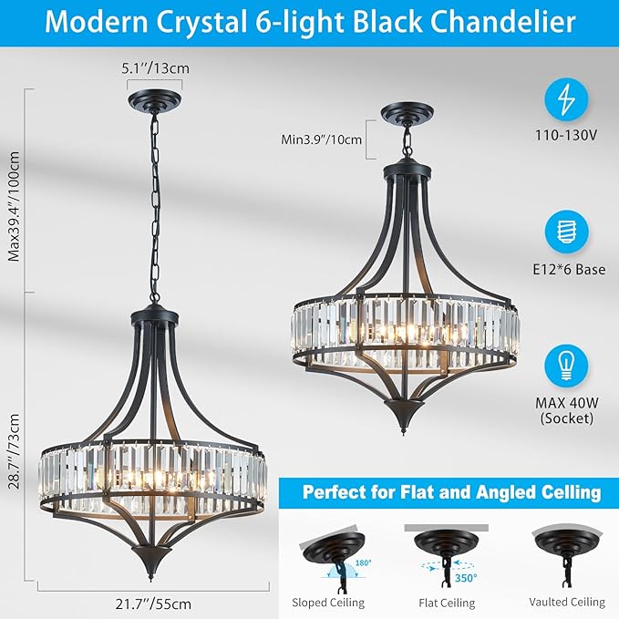XINGQI Black Crystal Chandeliers for Dining Room, 21.6" Large Rustic Farmhouse Chandelier with Round Metal Shade, 6-Light Dining Room Light Fixture for Kitchen Island Hallway Bedroom