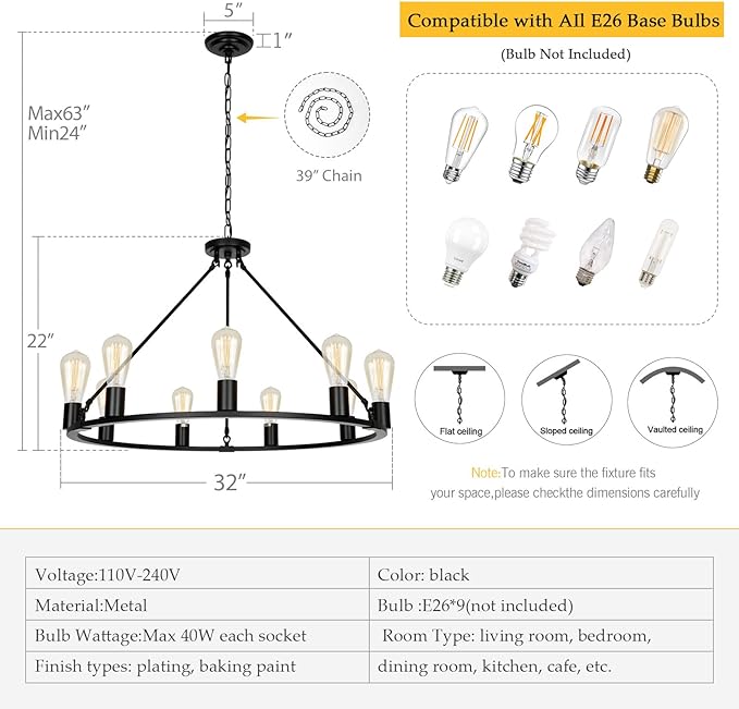 9-Lights Farmhouse Chandelier | Dia 32'' Black Wagon Wheel Chandelier | Rustic Hanging Dining Room Light Fixture | Apply to Living Room | Kitchen Island | Entryway | Foyer