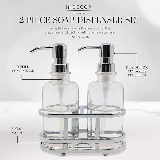 3 Piece Round Heavy Weight Glass Soap Lotion Pump Dispenser Set with Metal Caddy for Home Bath Kitchen Travel Office Hand Crafted Metal Tray Chrome