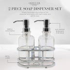 3 Piece Round Heavy Weight Glass Soap Lotion Pump Dispenser Set with Metal Caddy for Home Bath Kitchen Travel Office Hand Crafted Metal Tray Chrome