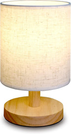 Small Table Lamp Mini Bedside Night Light Wooden Simple Desk Nightstand Lighting with Linen Shade for Bedroom, Living Room, Kids Room (Including LED Bulb) (Round)