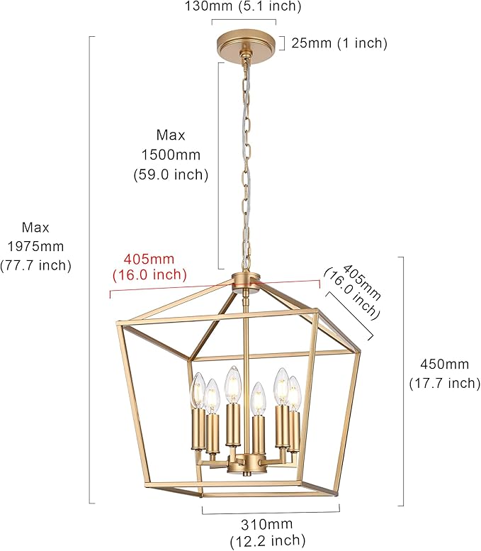 MELUCEE 16-inch Wide Farmhouse Chandelier Gold, 6-Light Vintage Openwork Cage Pendant Lighting Lantern Hanging Ceiling Light, Ideal for Kitchen Island Dining Areas Foyer, E12 Base