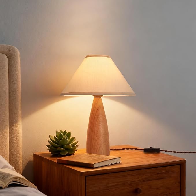 Bedside Table Lamp for Bedroom, Mid-Century Modern Plug in Fabric Shade & Solid Wood Base Desk Lamp, Plug & Play Natural Wood Nightstand Lamp for Living Room, Office, Switch Power Cord 【Bulb Included】