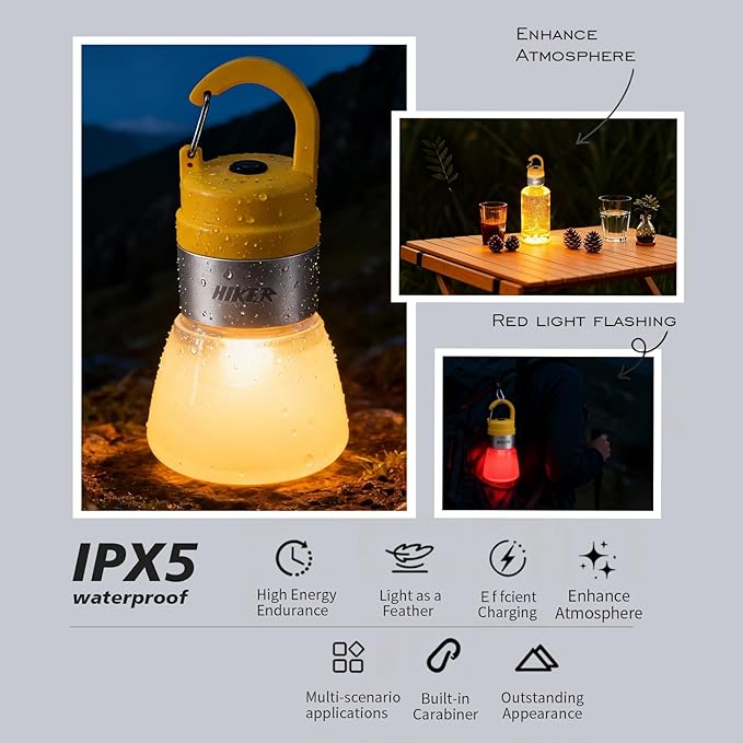 NxyznmqlCamping Essentials, Rechargeable Waterproof LED Color Changing Light, Waterproof Portable Light with Bottle Adapter, Outdoor Emergency Light (Yellow)